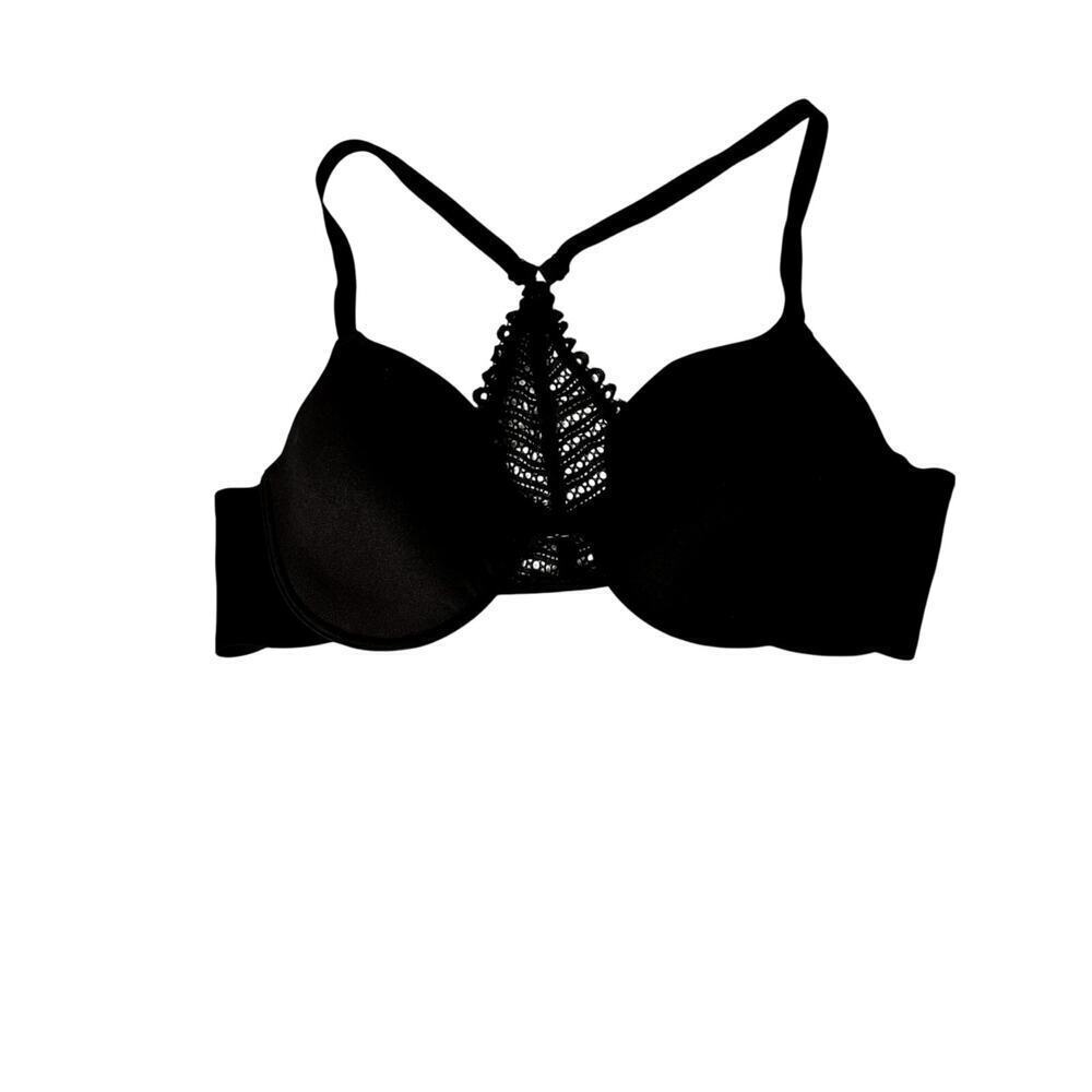 Jus Be bra black front closure lacy underwire racerback